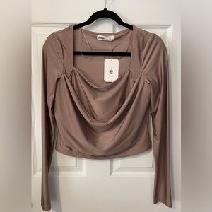 ELODIE Long Sleeves Square Neck Draped Front Crop Top Size L
